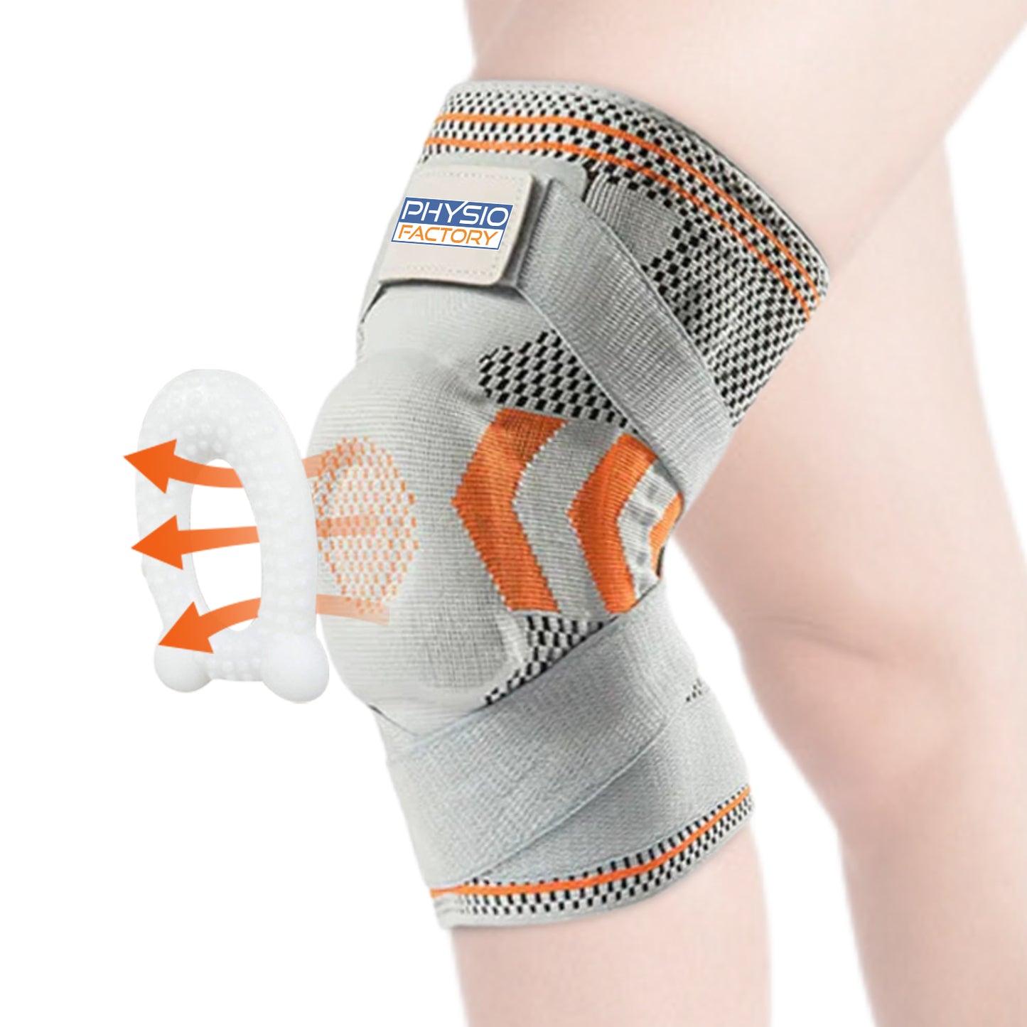 Physio Factory Knee Support. Knee Brace for Knee Pain, Knee Compression Sleeve. Knee Brace Support for Women and Men in Sport. Knee Support brace for arthritis. Knee Sleeves - Grey/Orange