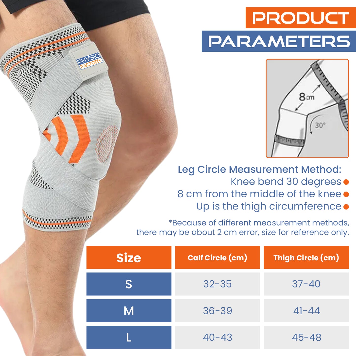 Physio Factory Knee Support. Knee Brace for Knee Pain, Knee Compression Sleeve. Knee Brace Support for Women and Men in Sport. Knee Support brace for arthritis. Knee Sleeves - Grey/Orange