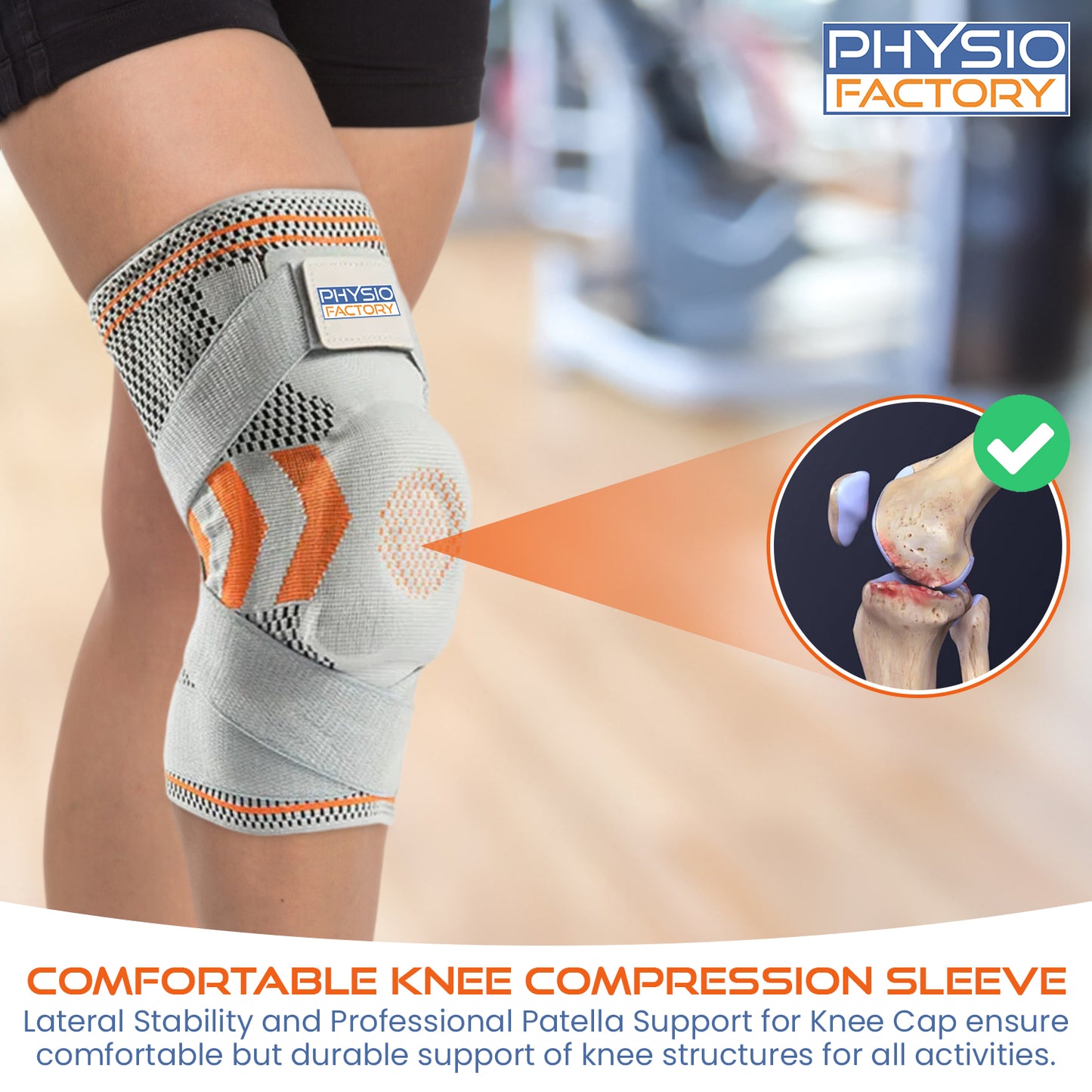 Physio Factory Knee Support. Knee Brace for Knee Pain, Knee Compression Sleeve. Knee Brace Support for Women and Men in Sport. Knee Support brace for arthritis. Knee Sleeves - Grey/Orange